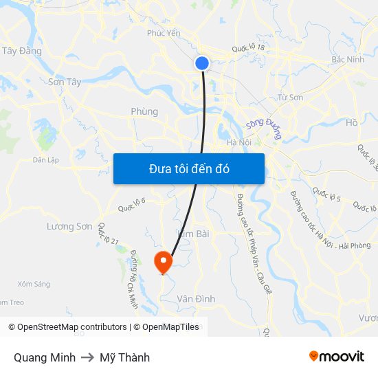 Quang Minh to Mỹ Thành map