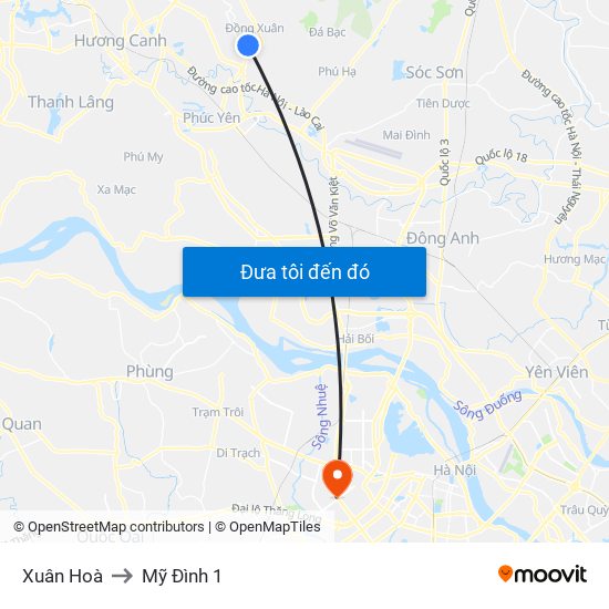 Xuân Hoà to Mỹ Đình 1 map