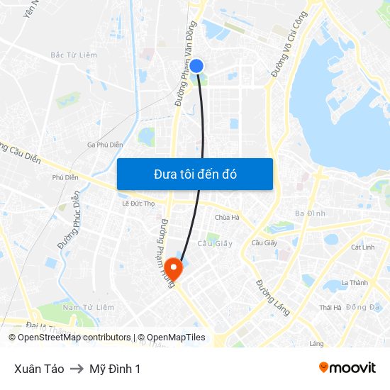 Xuân Tảo to Mỹ Đình 1 map