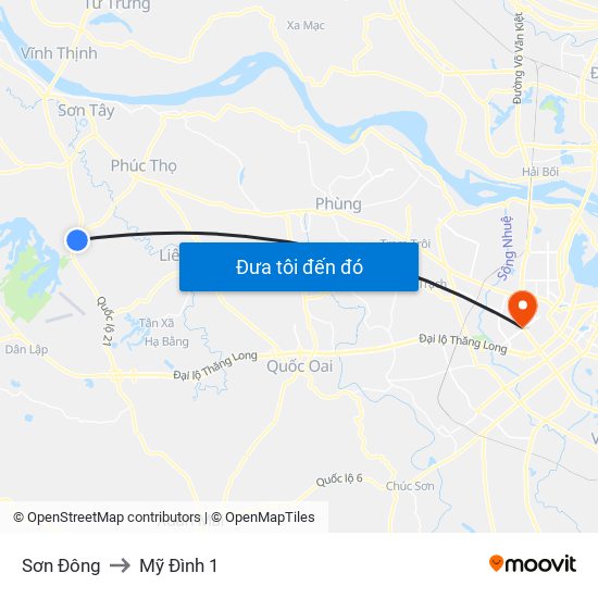 Sơn Đông to Mỹ Đình 1 map