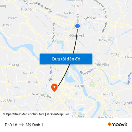 Phù Lỗ to Mỹ Đình 1 map