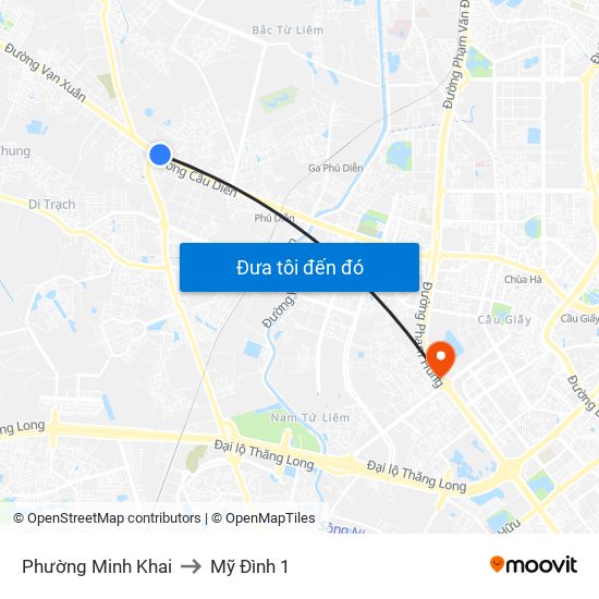 Phường Minh Khai to Mỹ Đình 1 map