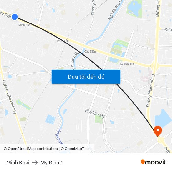 Minh Khai to Mỹ Đình 1 map