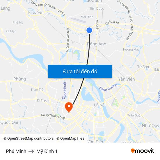 Phú Minh to Mỹ Đình 1 map