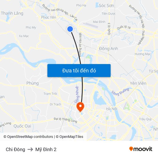 Chi Đông to Mỹ Đình 2 map