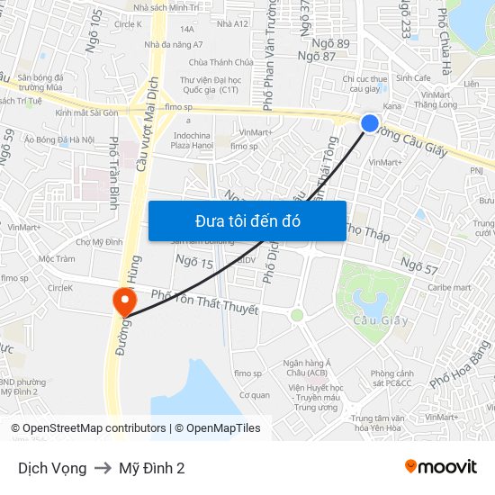 Dịch Vọng to Mỹ Đình 2 map