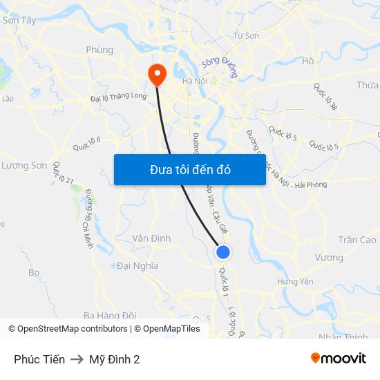 Phúc Tiến to Mỹ Đình 2 map