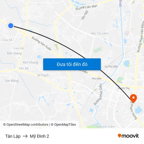 Tân Lập to Mỹ Đình 2 map