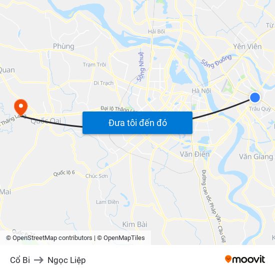 Cổ Bi to Ngọc Liệp map