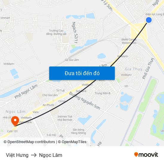 Việt Hưng to Ngọc Lâm map