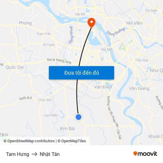 Tam Hưng to Nhật Tân map