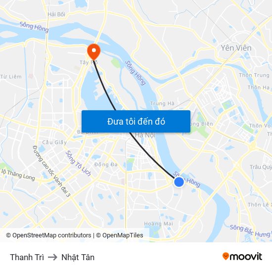 Thanh Trì to Nhật Tân map