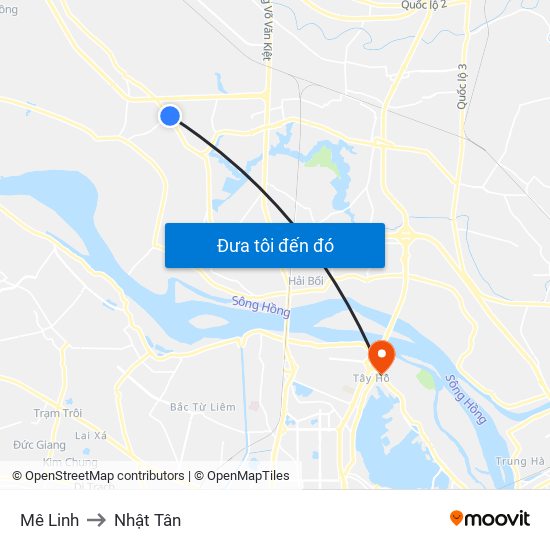 Mê Linh to Nhật Tân map