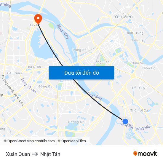 Xuân Quan to Nhật Tân map