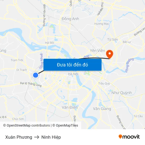 Xuân Phương to Ninh Hiệp map