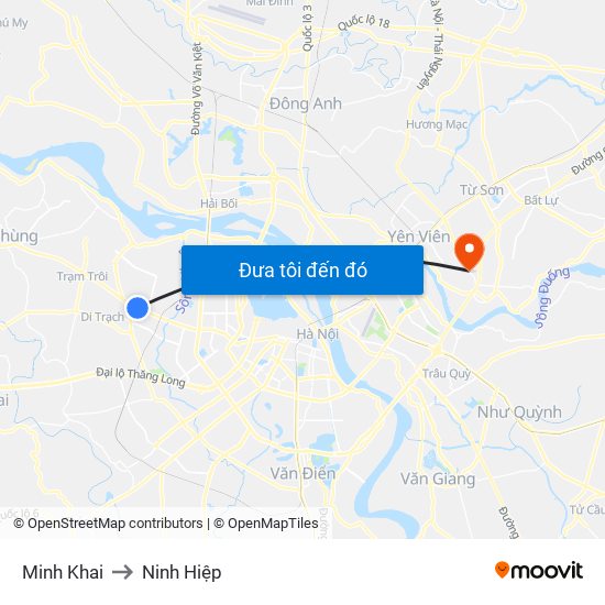 Minh Khai to Ninh Hiệp map