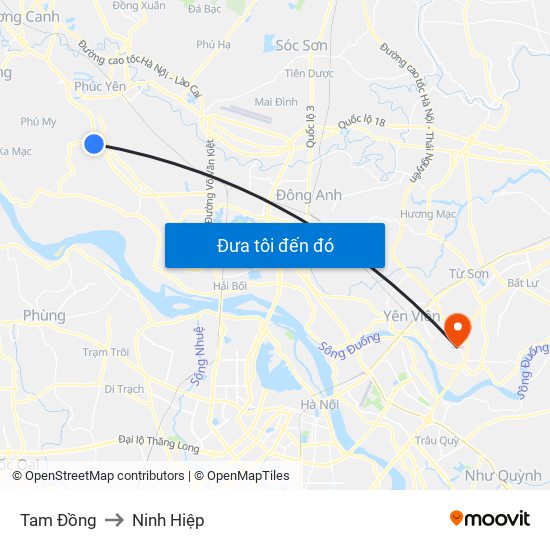 Tam Đồng to Ninh Hiệp map