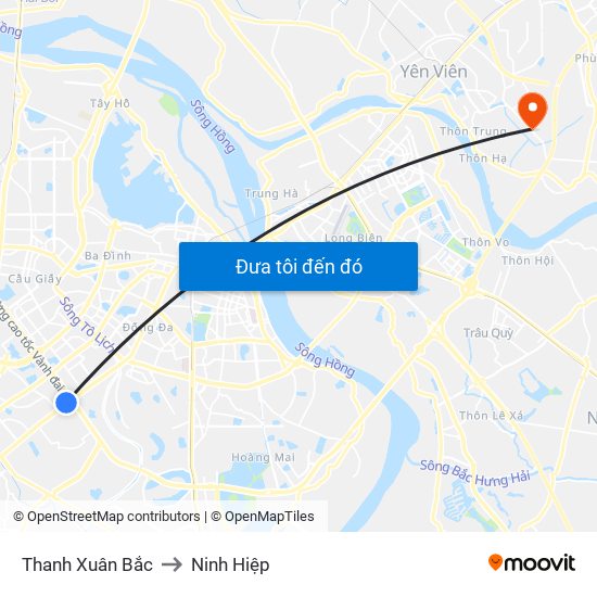 Thanh Xuân Bắc to Ninh Hiệp map