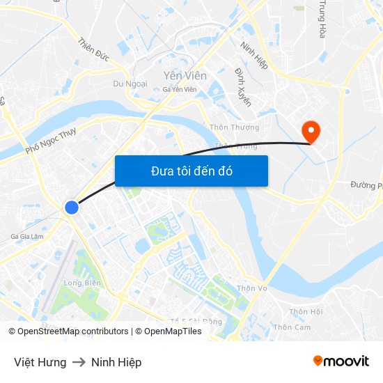 Việt Hưng to Ninh Hiệp map