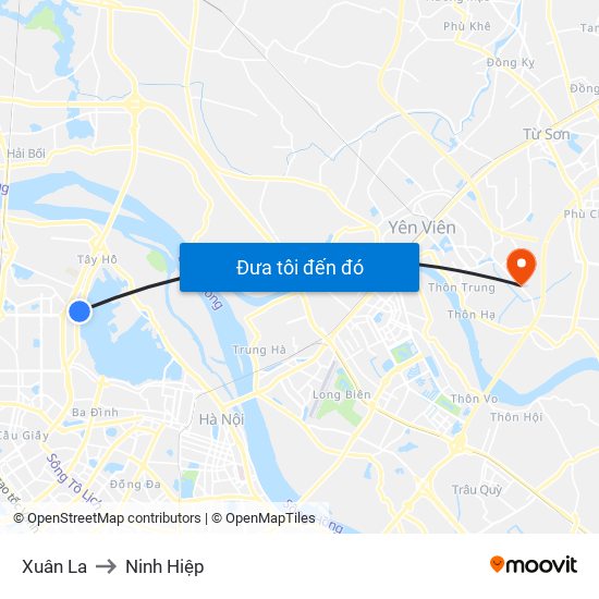 Xuân La to Ninh Hiệp map
