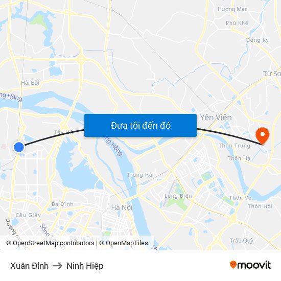 Xuân Đỉnh to Ninh Hiệp map
