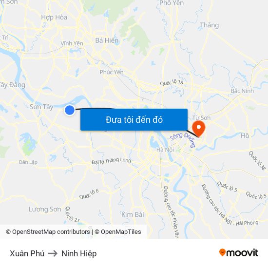 Xuân Phú to Ninh Hiệp map
