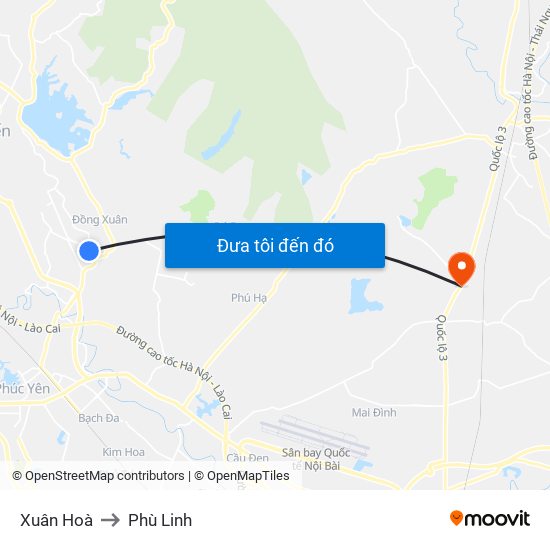 Xuân Hoà to Phù Linh map