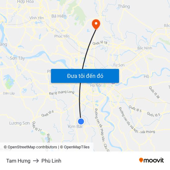 Tam Hưng to Phù Linh map