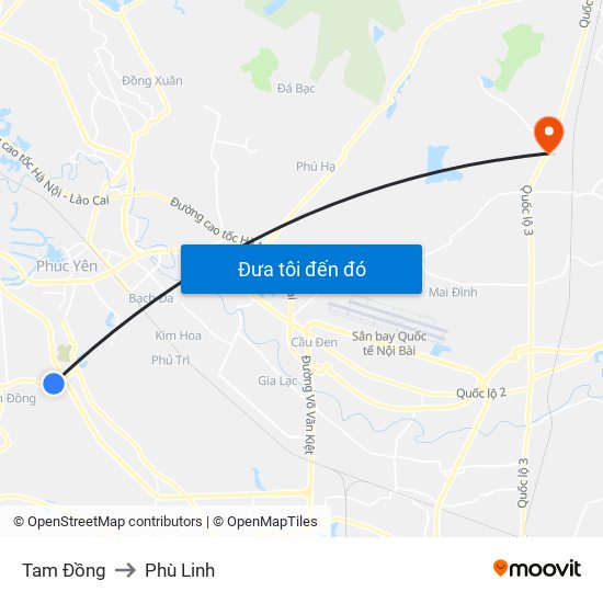 Tam Đồng to Phù Linh map
