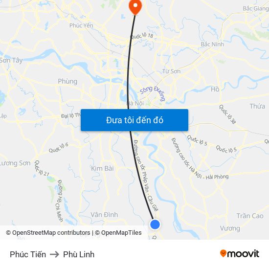 Phúc Tiến to Phù Linh map