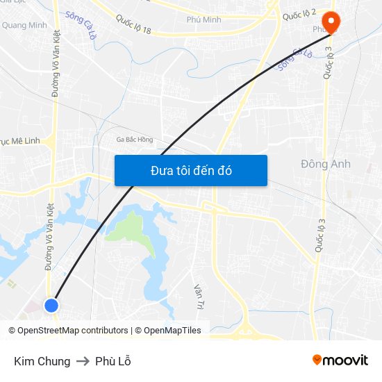 Kim Chung to Phù Lỗ map