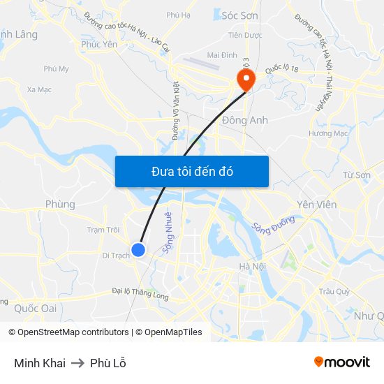 Minh Khai to Phù Lỗ map