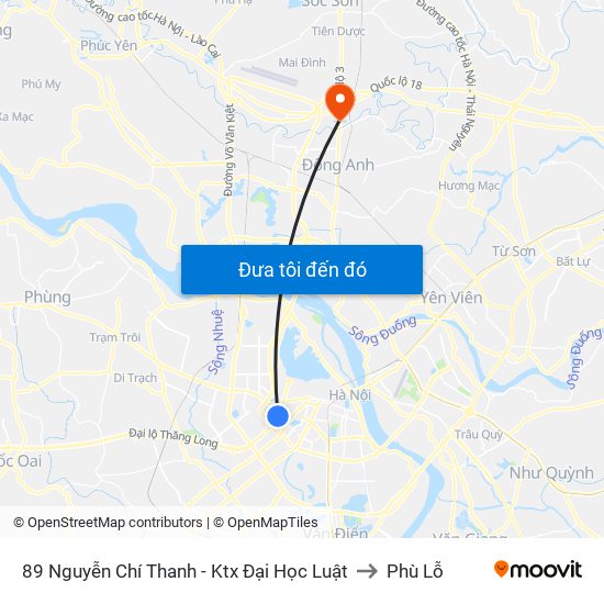 89 Nguyễn Chí Thanh - Ktx Đại Học Luật to Phù Lỗ map