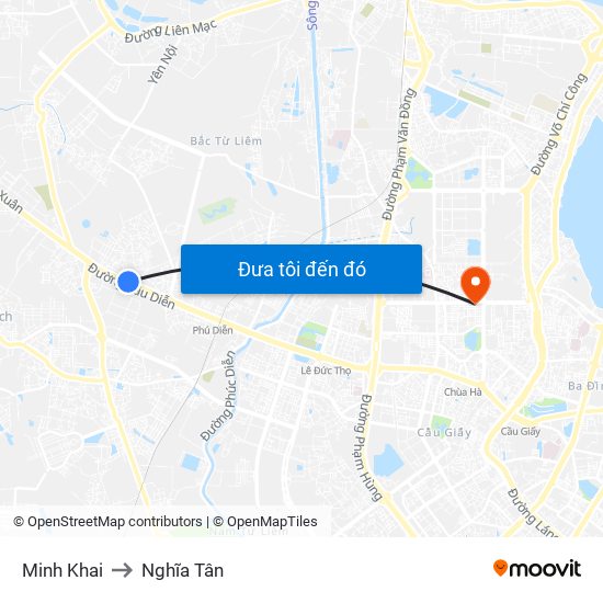 Minh Khai to Nghĩa Tân map