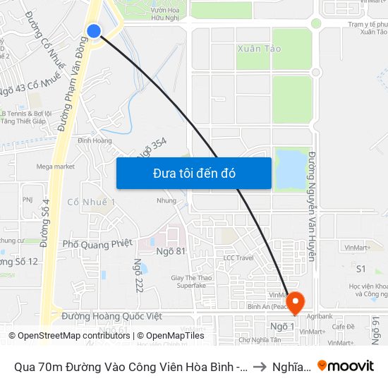 Qua 70m Đường Vào Công Viên Hòa Bình - Phạm Văn Đồng to Nghĩa Tân map