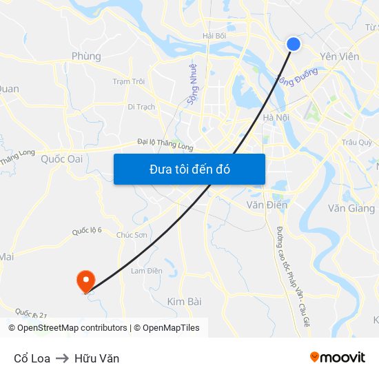 Cổ Loa to Hữu Văn map