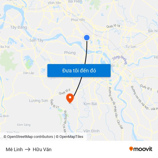 Mê Linh to Hữu Văn map