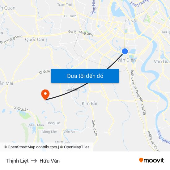 Thịnh Liệt to Hữu Văn map