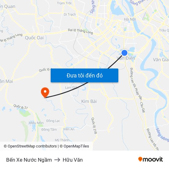 Bến Xe Nước Ngầm to Hữu Văn map