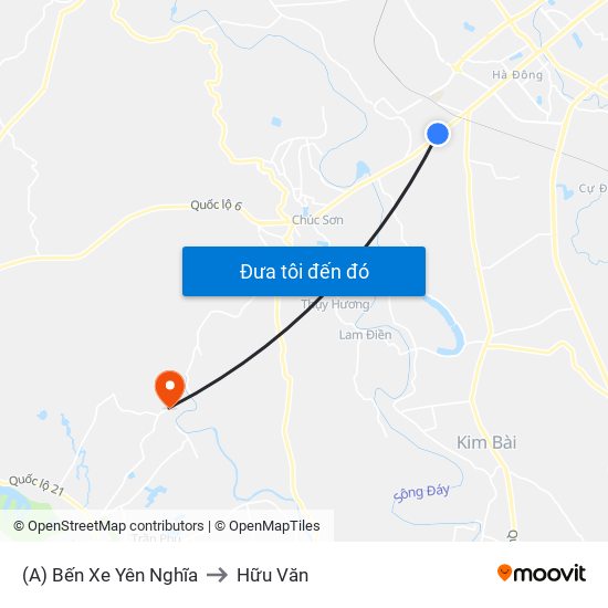 (A) Bến Xe Yên Nghĩa to Hữu Văn map