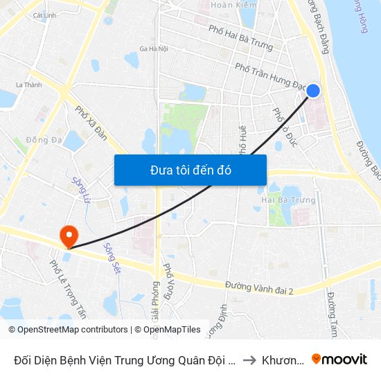 Đối Diện Bệnh Viện Trung Ương Quân Đội 108 - Trần Hưng Đạo to Khương Mai map