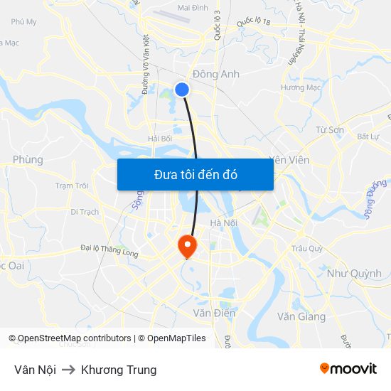 Vân Nội to Khương Trung map
