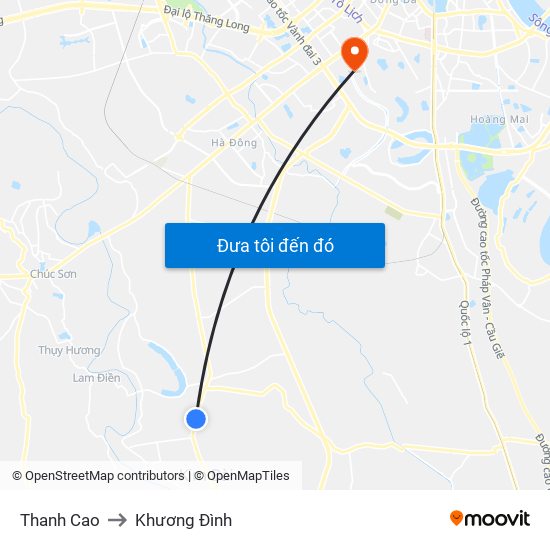 Thanh Cao to Khương Đình map