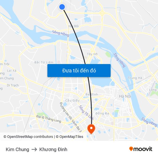 Kim Chung to Khương Đình map