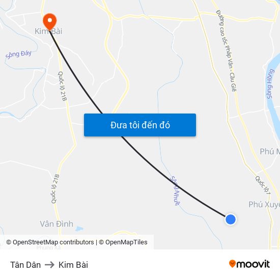 Tân Dân to Kim Bài map