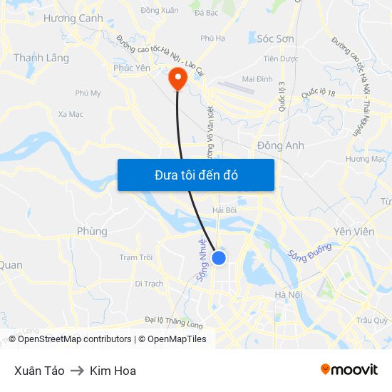 Xuân Tảo to Kim Hoa map