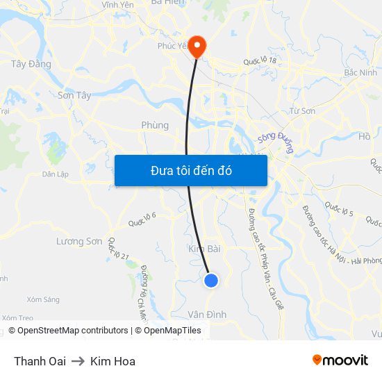 Thanh Oai to Kim Hoa map