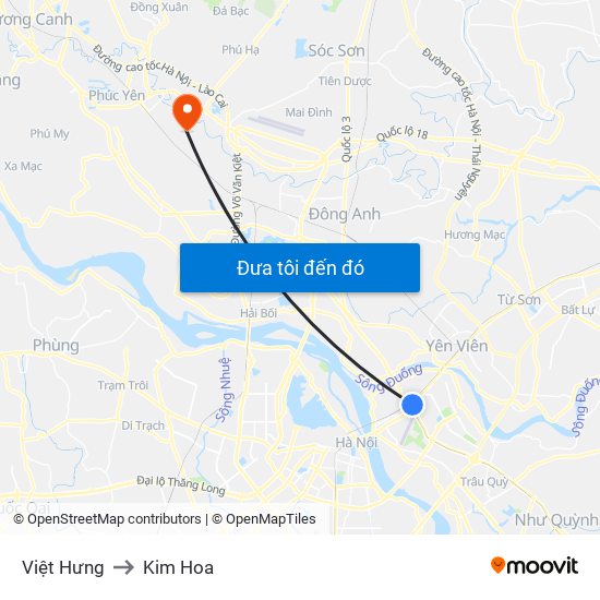 Việt Hưng to Kim Hoa map