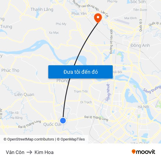 Vân Côn to Kim Hoa map