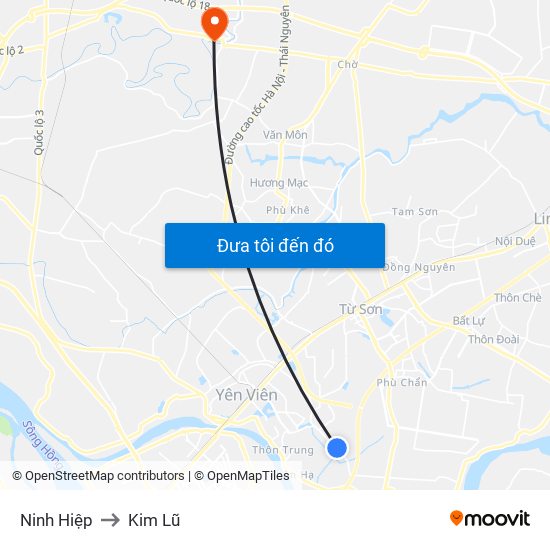 Ninh Hiệp to Kim Lũ map